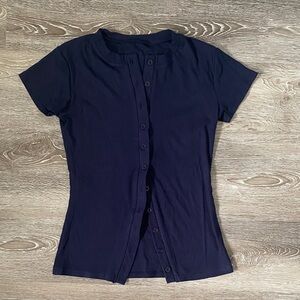 Full Length Women's Short-Sleeve Navy Button-Front Top